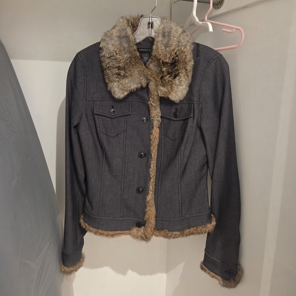 Kenneth Cole New York Rabbit Fur Gray Button-Up Jacket